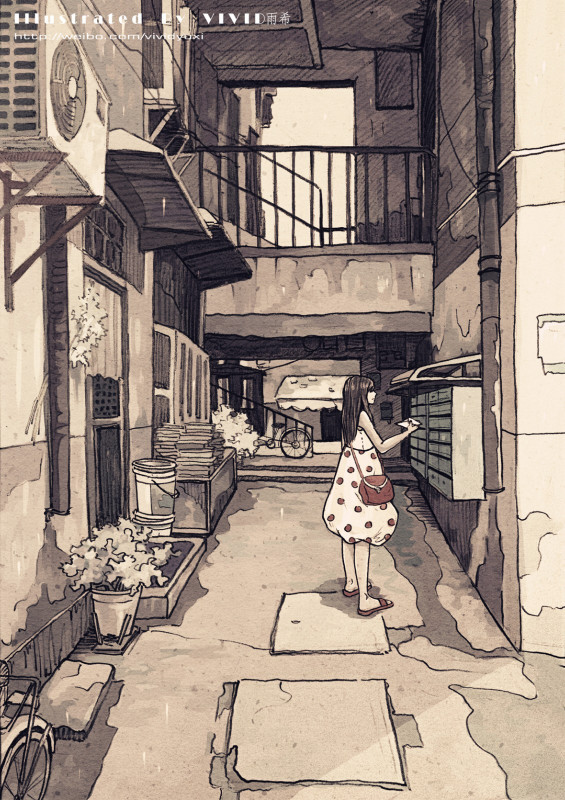 最新手绘现代美女插画,小巷中的艺术秘境之美